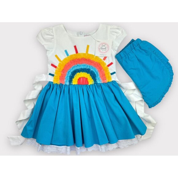 Sz 7 Girl August Stay Golden teal linen rainbow dress and shorts set NWT - Picture 2 of 8